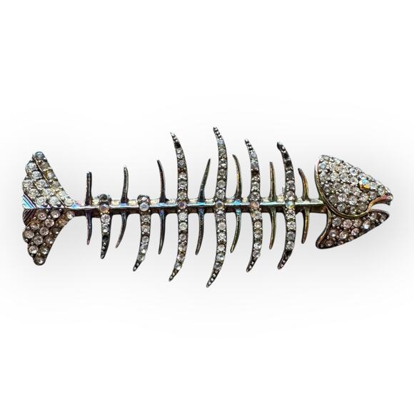 Rhinestone Fish Skeleton Statement Brooch - Picture 1 of 5